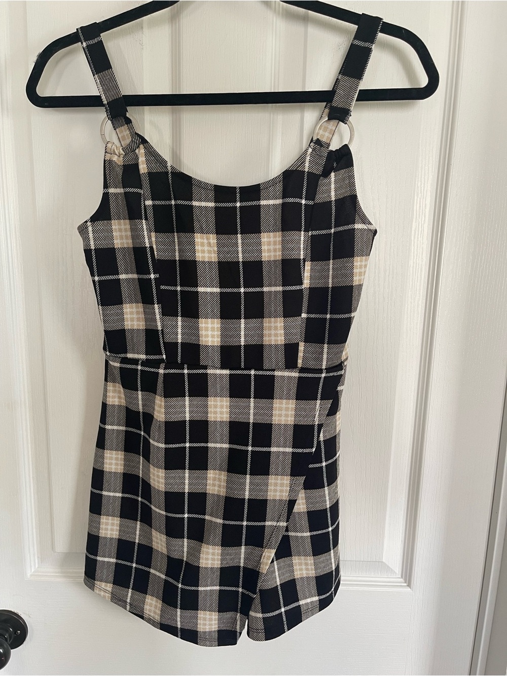 No Boundaries Black and Cream Plaid Sleeveless Romper